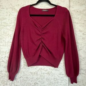 Crop Sweater Ribbed Knit Ruched Front Burgundy Medium by Metyou